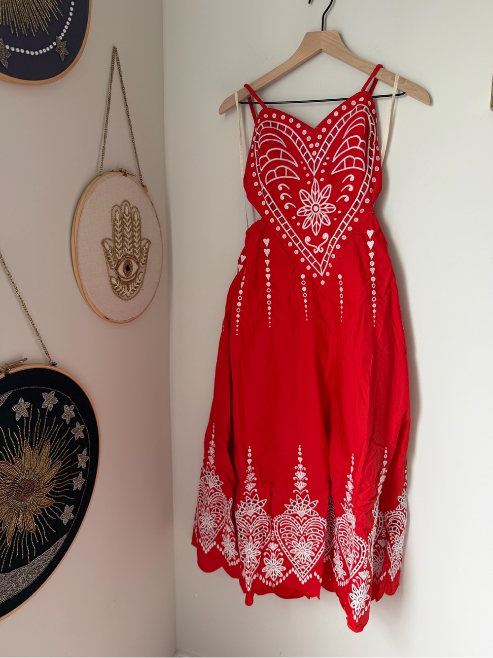 FARM Rio Red heart embroidered open back cotton midi dress